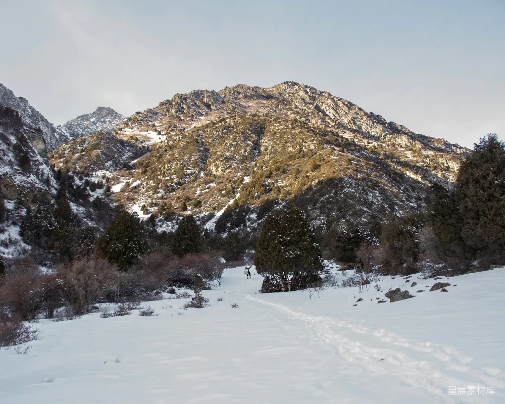 高清摄影  被雪覆盖的山上有雪地足迹