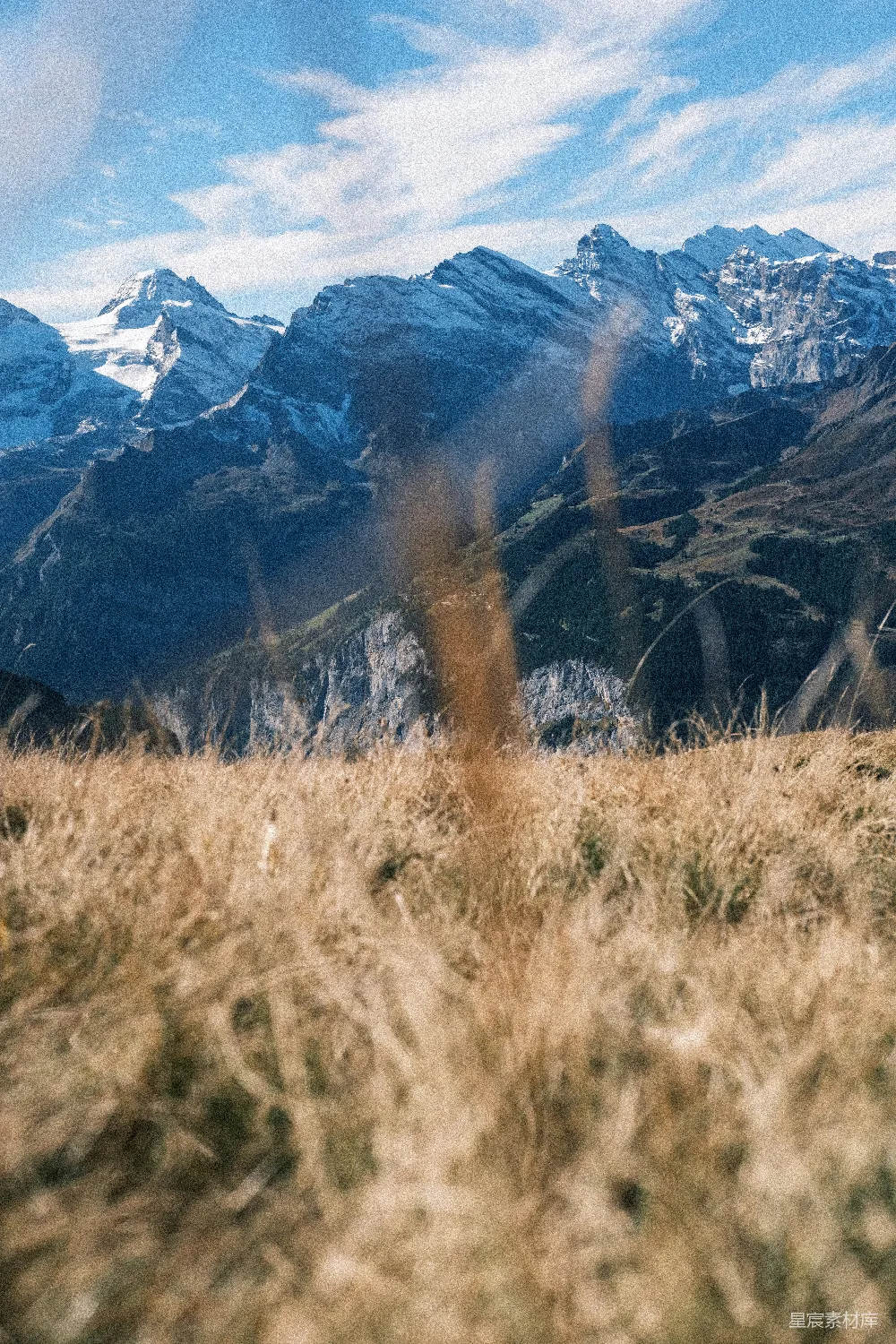 高清摄影  白雪覆盖的山峰矗立在一片干枯的草地上。