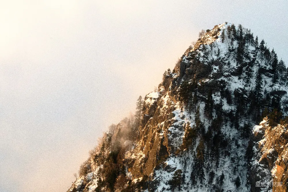 高清摄影 壁纸 自然 旅行 夕阳西下，雪山之巅覆盖着皑皑白雪，松树环绕其间。
