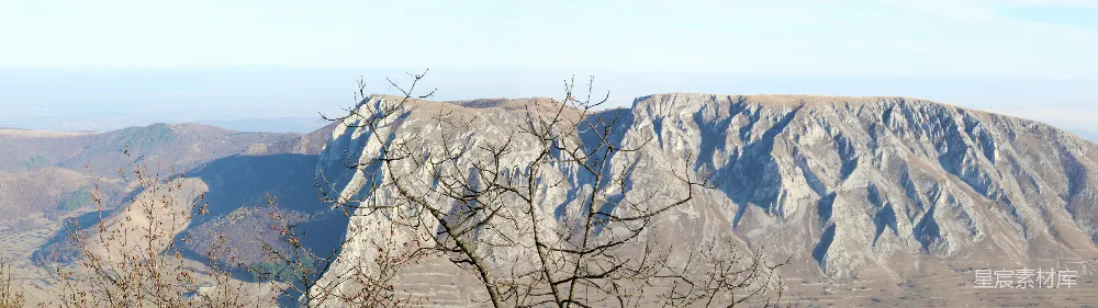 高清摄影  一幅山景，前景中有一棵树。