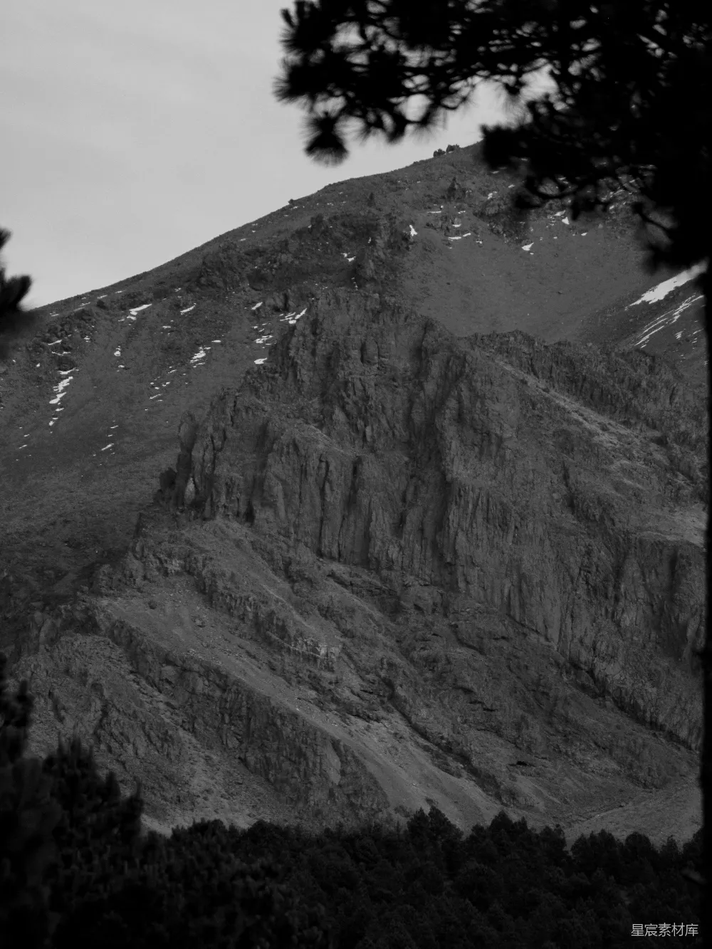 高清摄影  雪山覆盖的洛基山脉峰巅，被深色树木环绕。