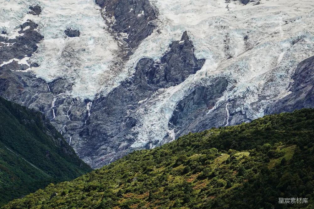 高清摄影  一座覆盖着积雪的大山紧邻一片森林。