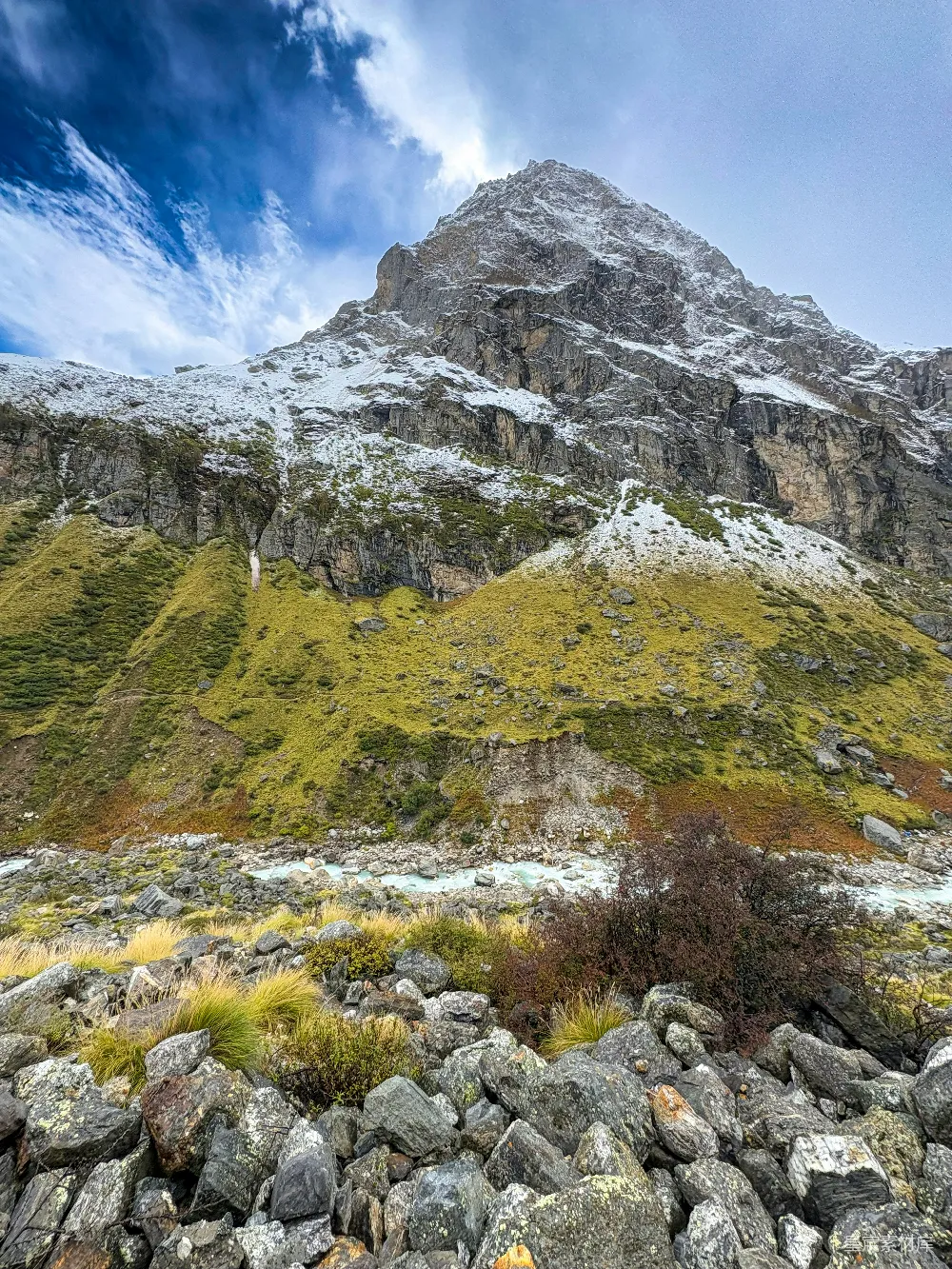 高清摄影  白雪覆盖的山峰，绿坡和一条河流。