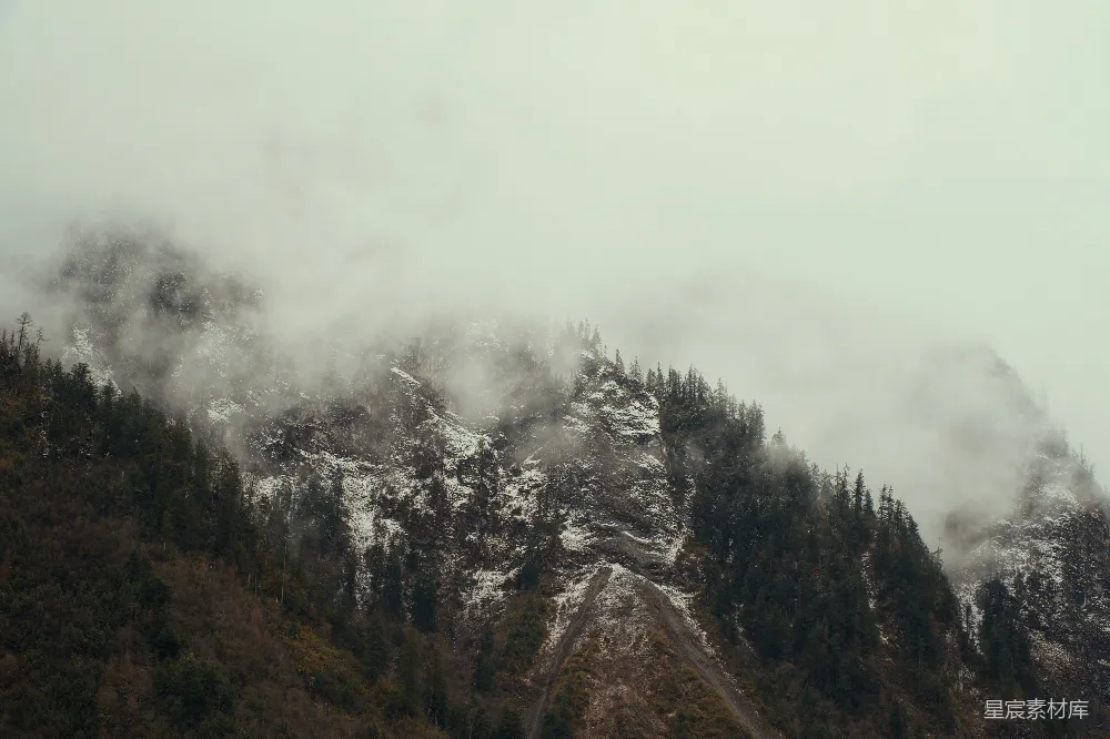 高清摄影  雾蒙蒙的山脉，常绿树木和积雪。