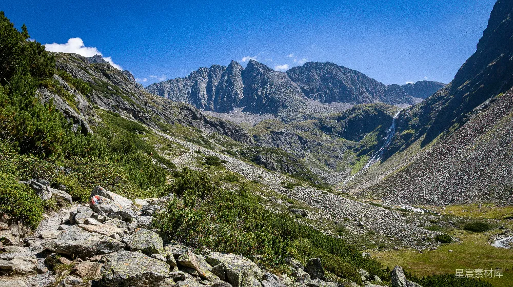 高清摄影  落基山脉的小径，两旁是绿意盎然的植被和远处的山峰。