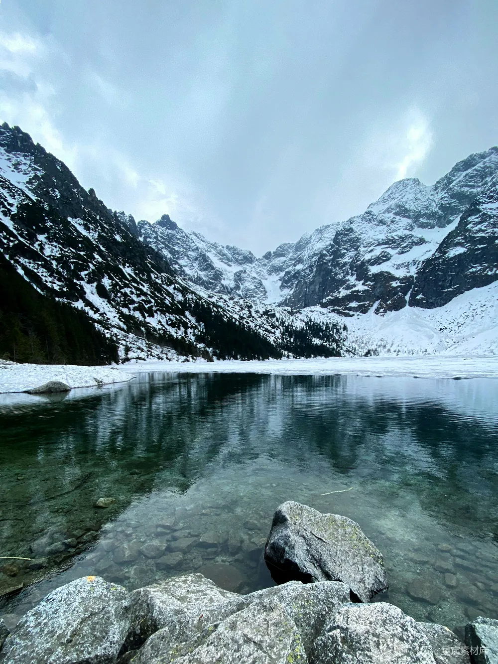 高清摄影  一片被雪覆盖的山脉包围的水域