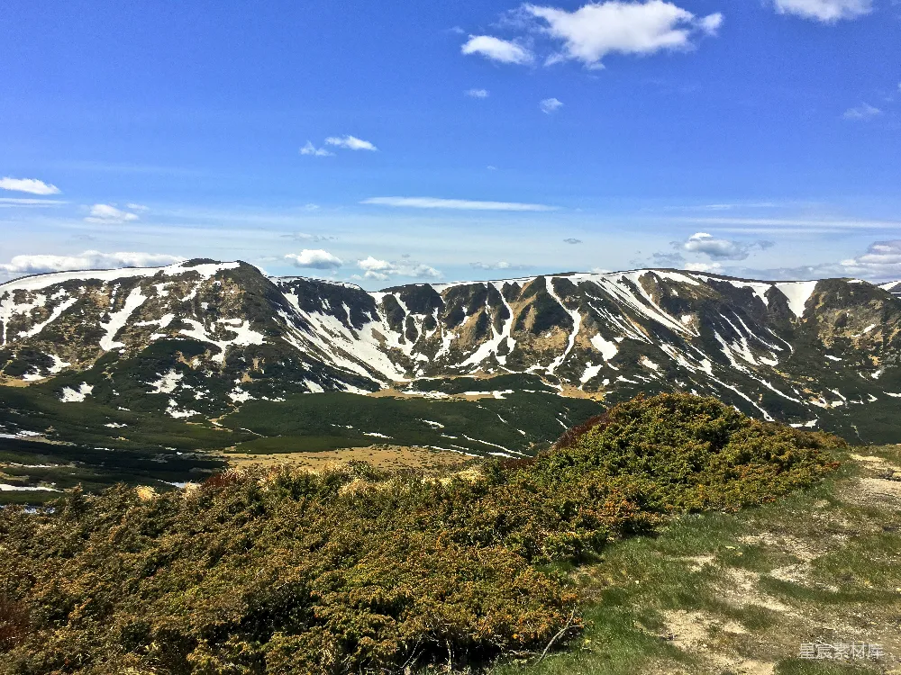 高清摄影  蓝天下的雪覆盖的山脚下，绿色的草地