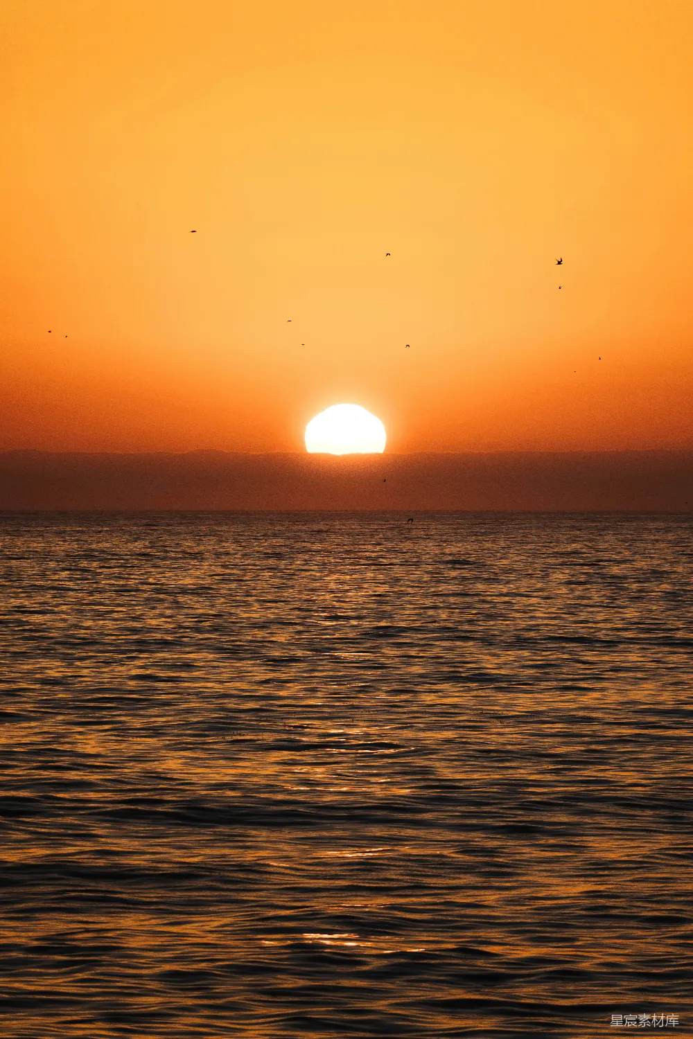 高清摄影  夕阳西下，海面上有一艘小船。