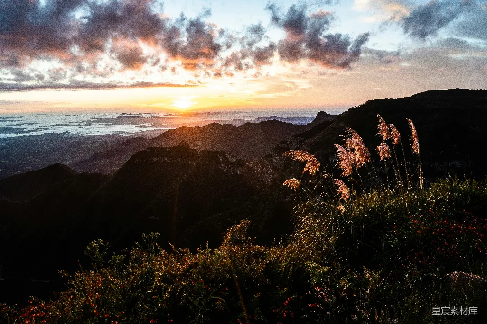 高清摄影  山脚下绿草如茵的草地在夕阳下