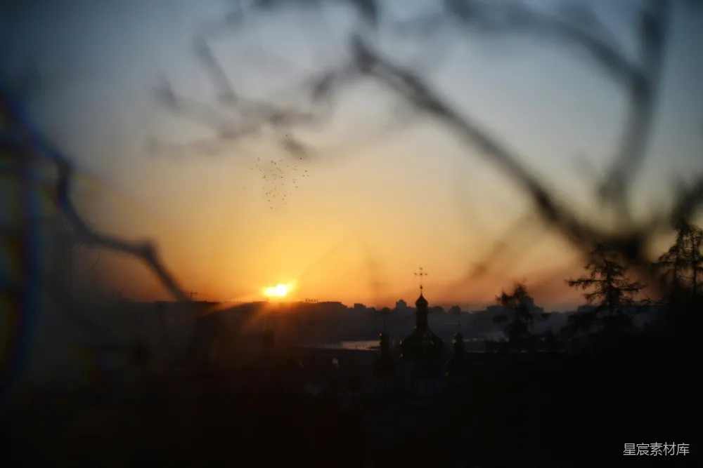 高清摄影  夕阳照耀着远方小镇，树影婆娑。