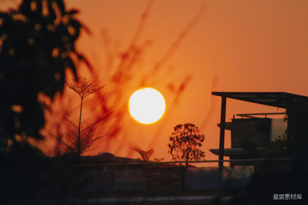 高清摄影  夕阳正在一幢建筑和树木上落下。