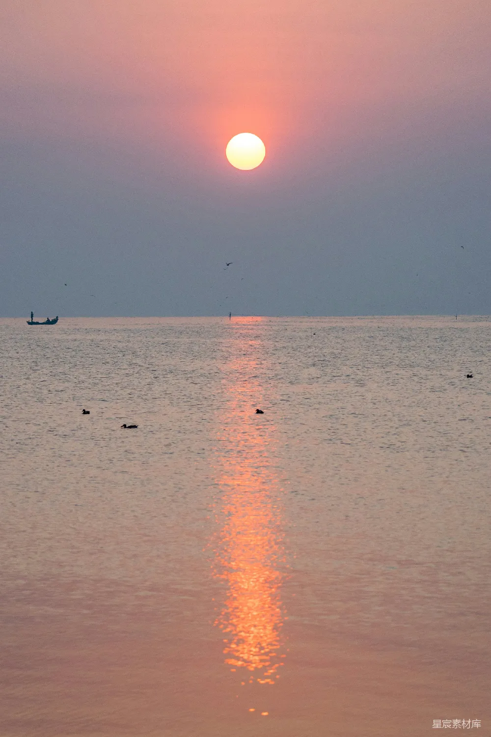 高清摄影  夕阳映照在平静的海面上。