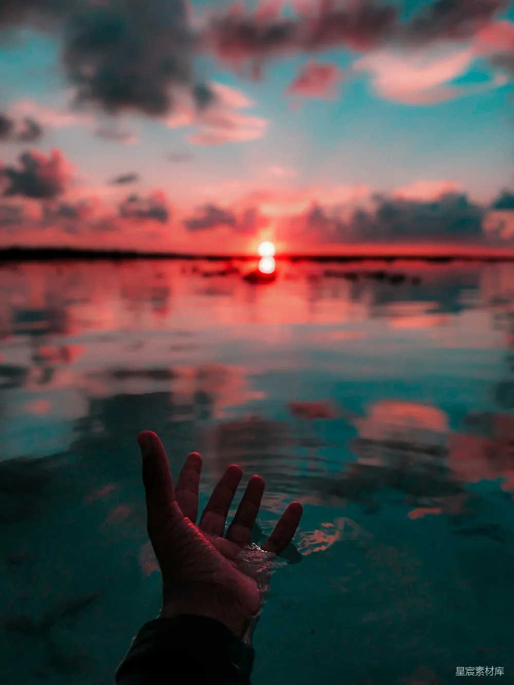高清摄影  黎明时左手浸在水中