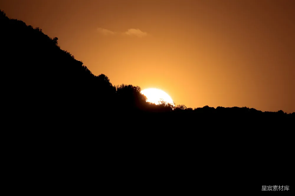 高清摄影  夕阳正在一片有树木的山坡上落下。