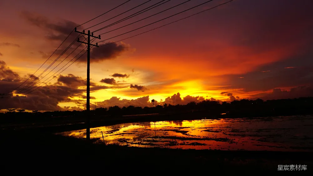 高清摄影  夕阳下电杆的剪影