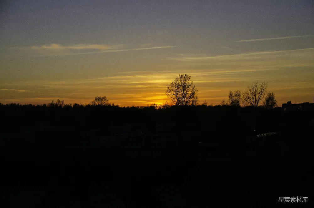 高清摄影  夕阳西下，远处的树木被夕阳染红。