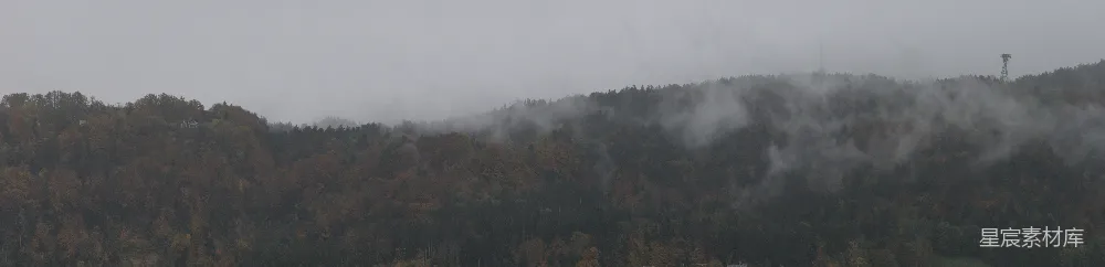 高清摄影  一座山被雾气笼罩，前面有树木。
