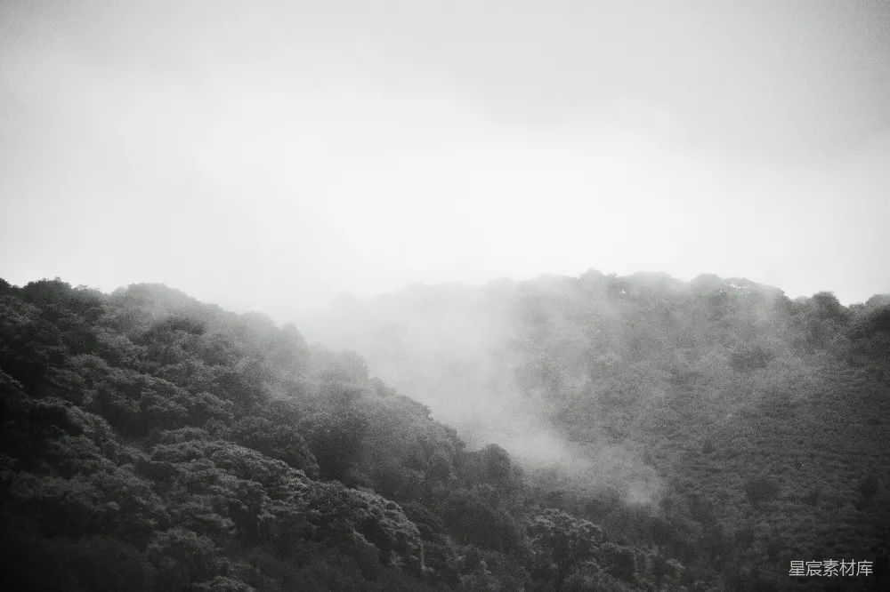 高清摄影  灰色和黑色的山被白色的雾覆盖着