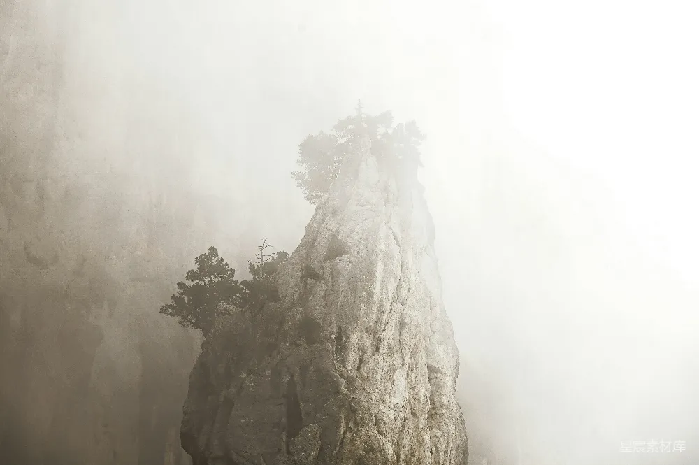 高清摄影 自然 雾蒙蒙的山峰，山顶上有树木。