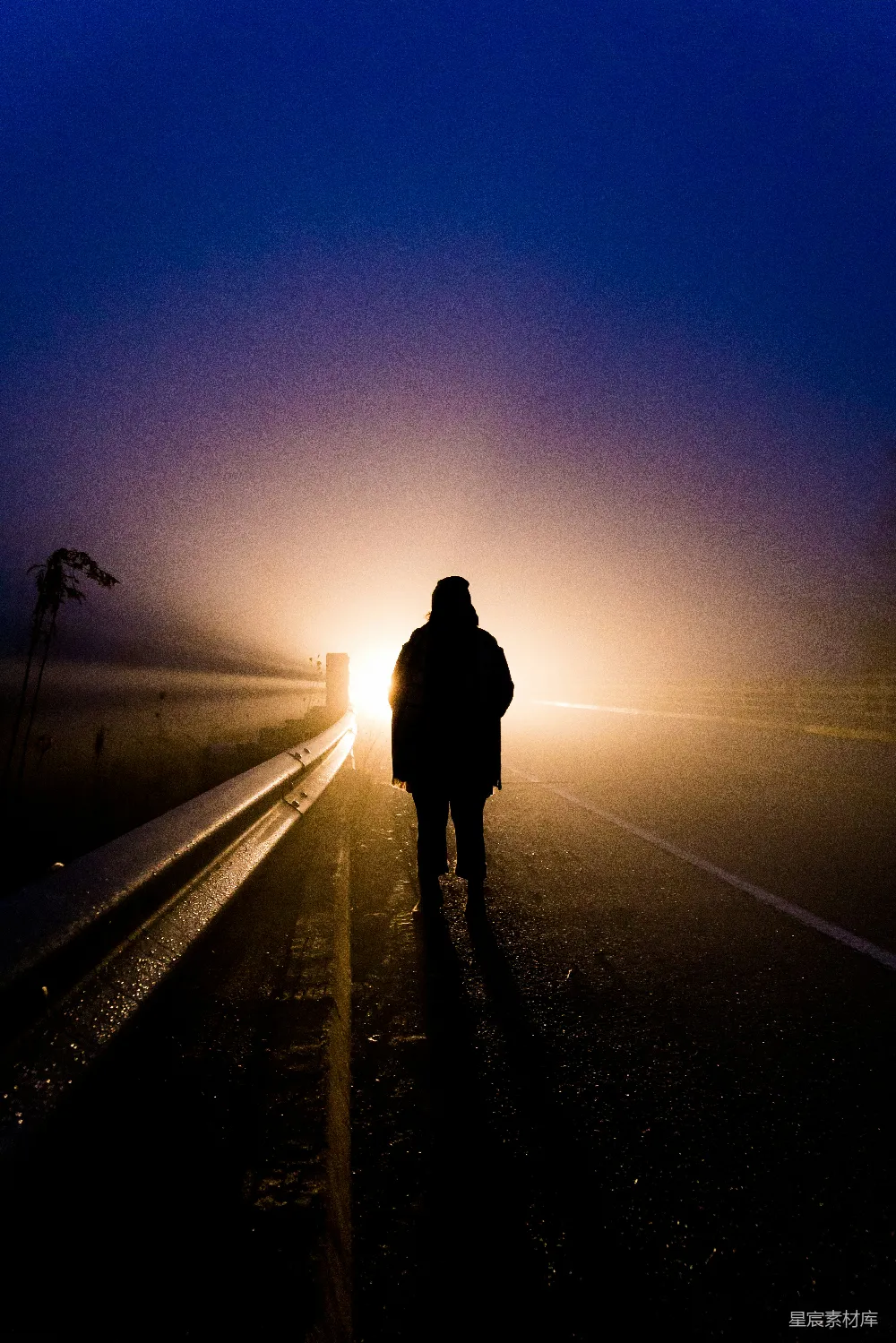 高清摄影  一个在雾中沿着道路行走的人