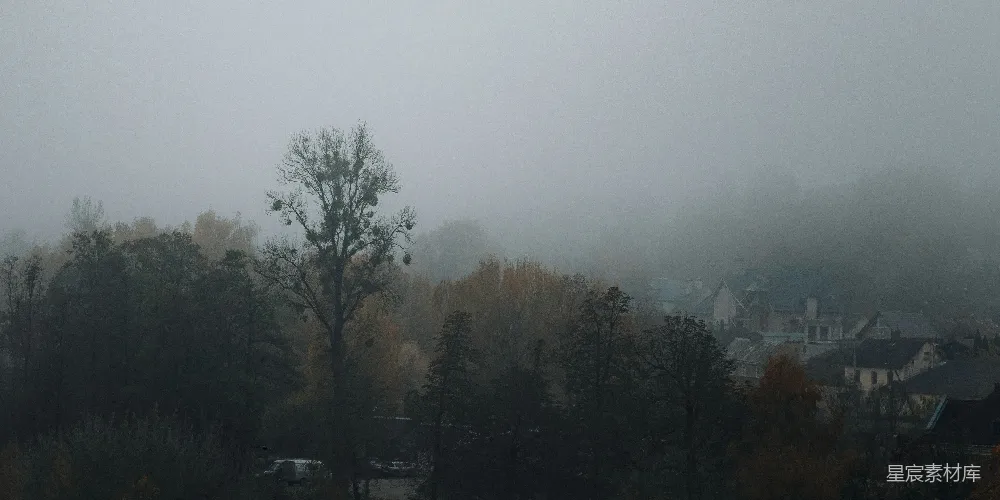 高清摄影  模糊的照片，展示了一个在雾蒙蒙的日子里的社区场景。