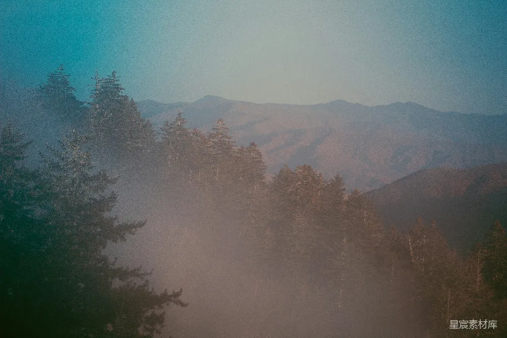 高清摄影  一幅山峦的景色，前景中树木茂盛。