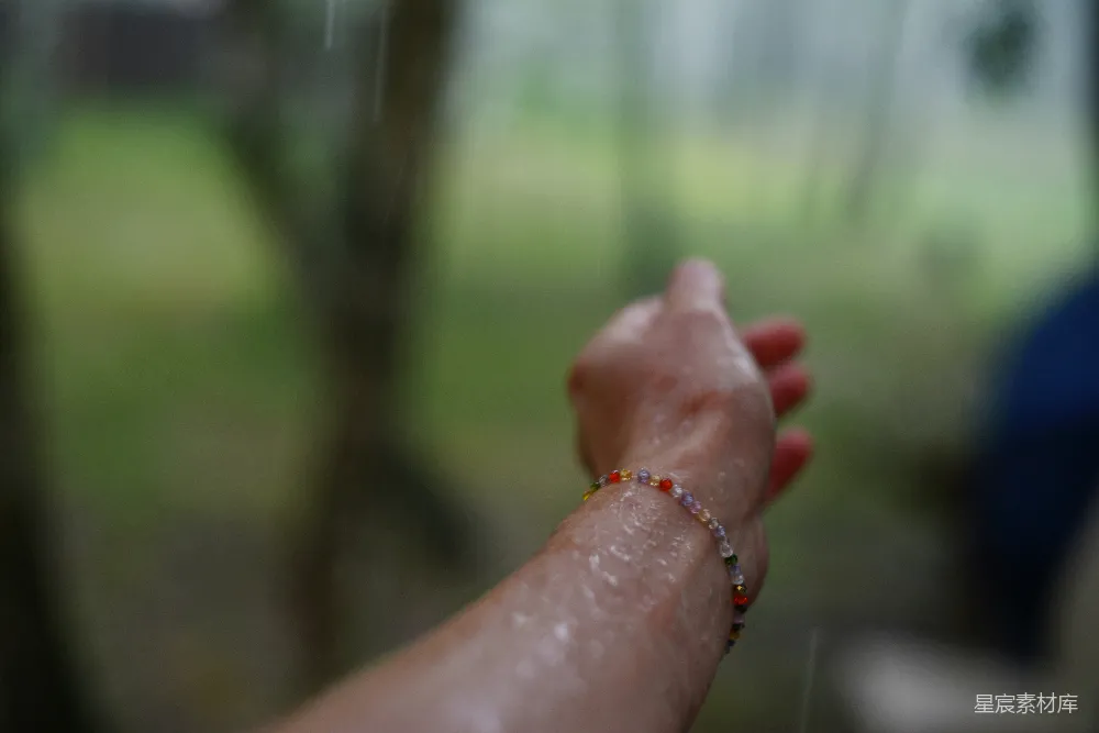 高清摄影  一只戴着手镯的手在森林中接住雨滴。