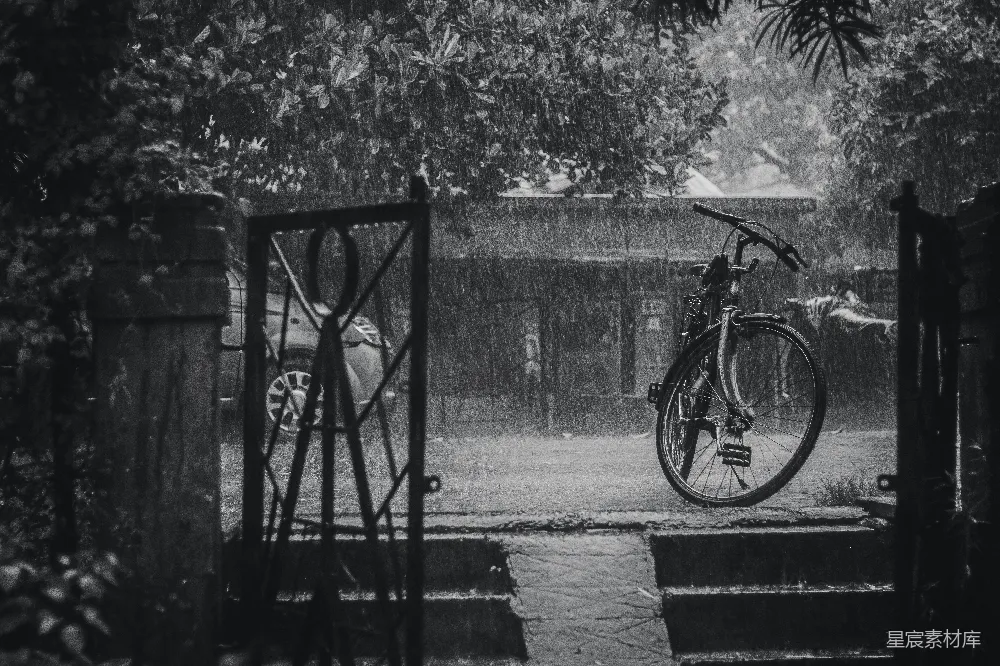 高清摄影  一辆自行车停在雨中的外面。