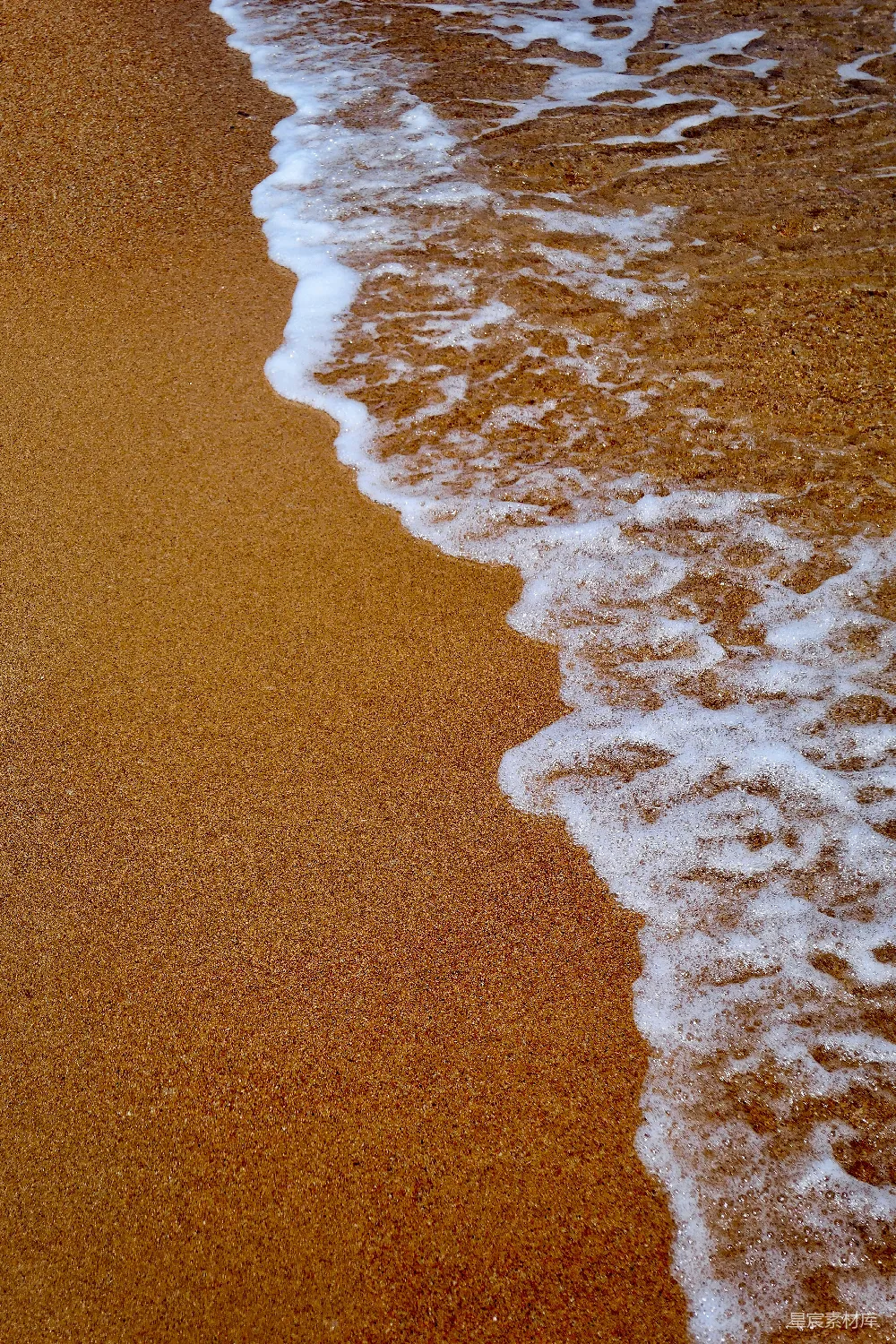 高清摄影  棕色沙滩上的白色海浪泡沫