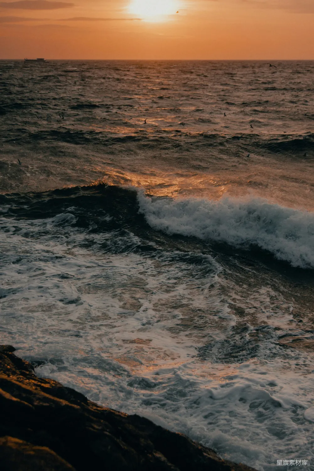 高清摄影  日间，海浪拍打着岩石海岸。