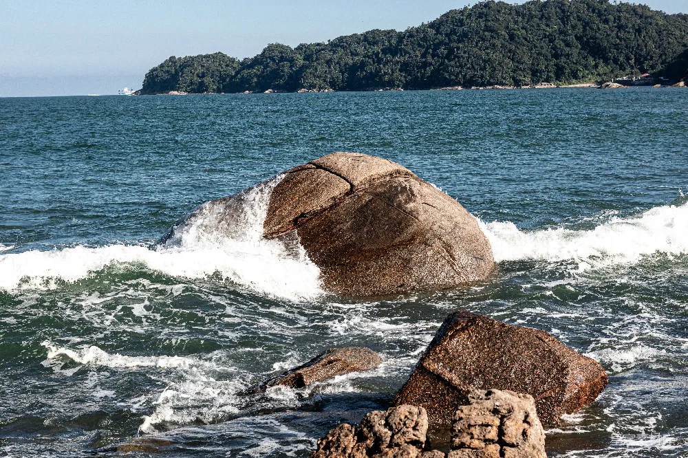 高清摄影  海浪拍打着森林中的大岩石。