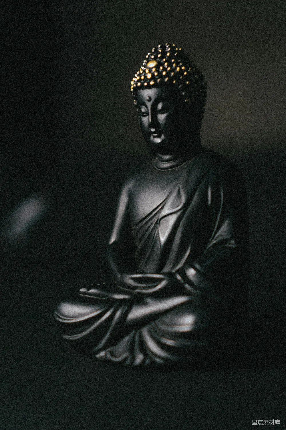 高清摄影  黑色的释迦牟尼佛像放在黑色的表面上。