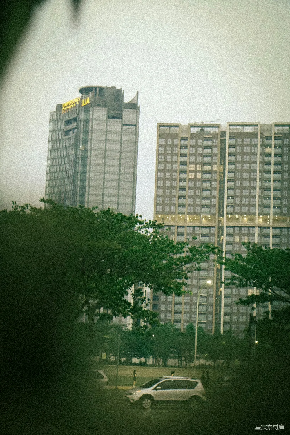 高清摄影  城市建筑被绿色植物环绕，旁边有一辆车。