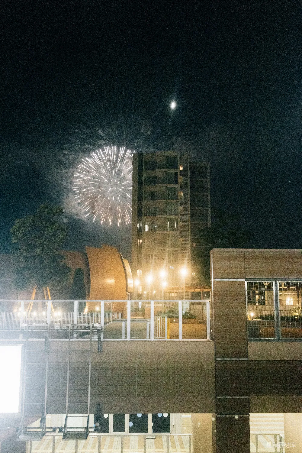高清摄影  夜晚，烟花在建筑物上空绽放。