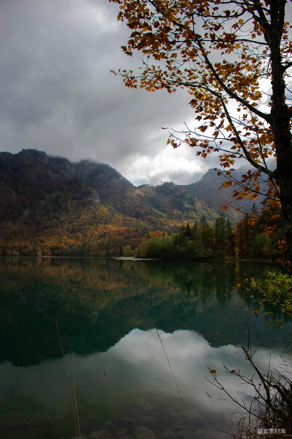 高清摄影 湖边有树木和山峰作为背景