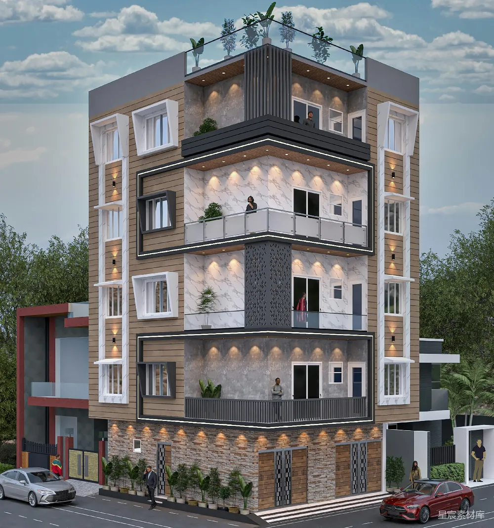 高清摄影  这是可能的标题：现代建筑，有阳台和屋顶花园。
