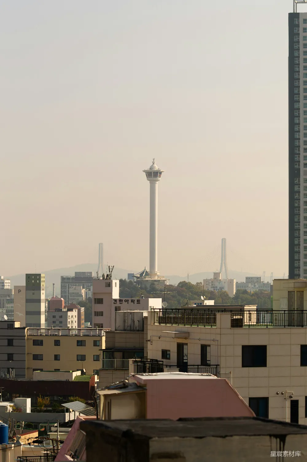 高清摄影  高塔俯瞰着雾蒙蒙的城市景观，建筑物依稀可见。