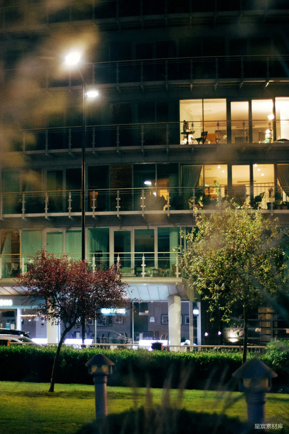 高清摄影  夜晚灯火通明的现代化建筑，窗户和树木都亮着。