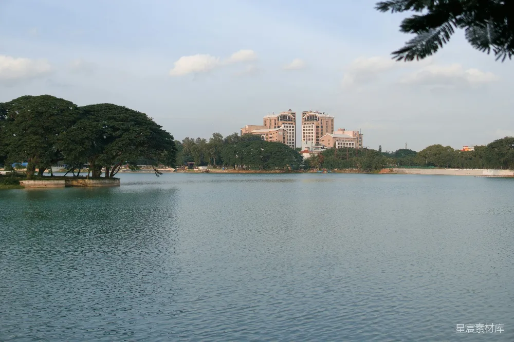 高清摄影  宁静的湖面，背景中有建筑物和树木。