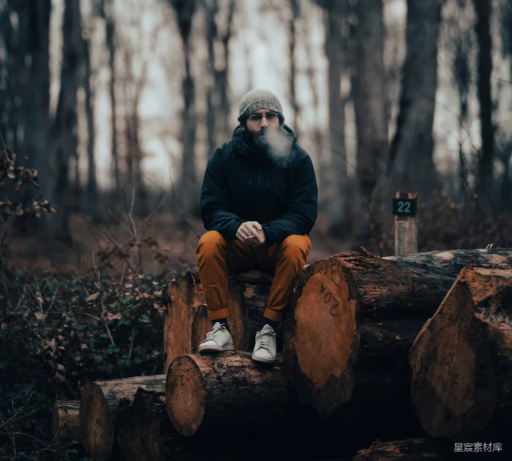 高清摄影 电影 一个男人坐在树林里的树桩上。