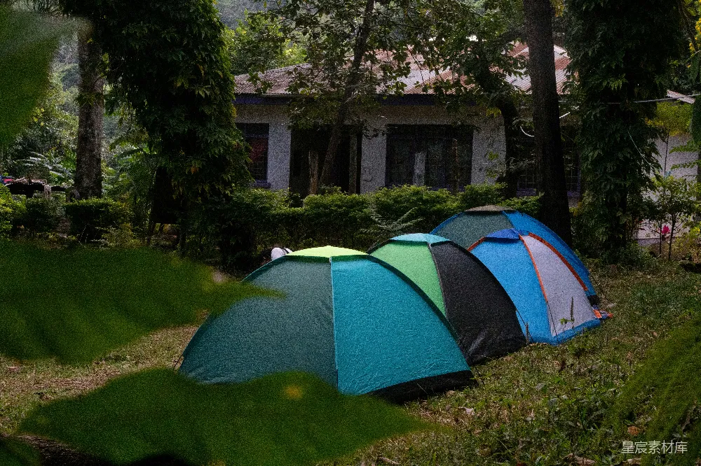 高清摄影  一群帐篷坐落在郁郁葱葱的绿地上。
