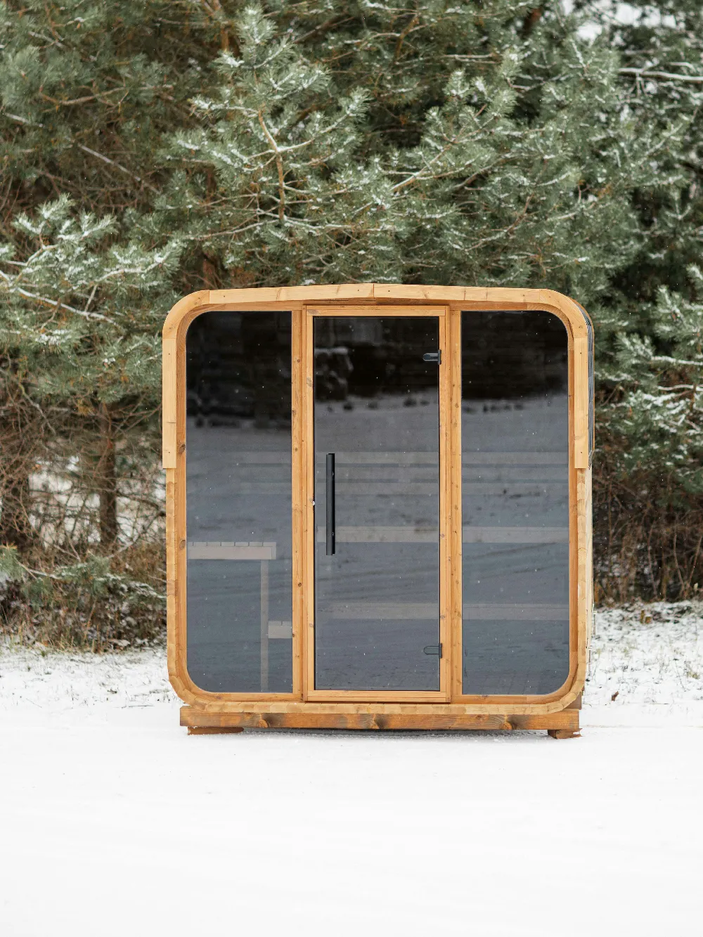 高清摄影  现代木制桑拿小屋，位于雪地森林中