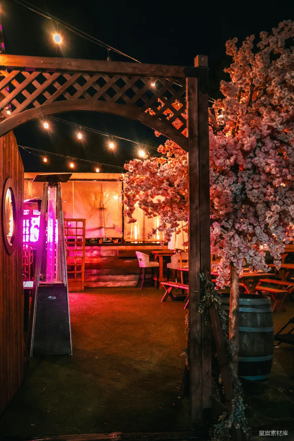 高清摄影  一家温馨的夜间酒吧，装饰明亮。