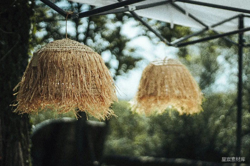 高清摄影  两只稻草灯悬挂在户外，背景是绿色植物。
