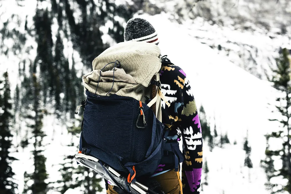 高清摄影  背着背包、拿着滑雪板站在雪地里的人