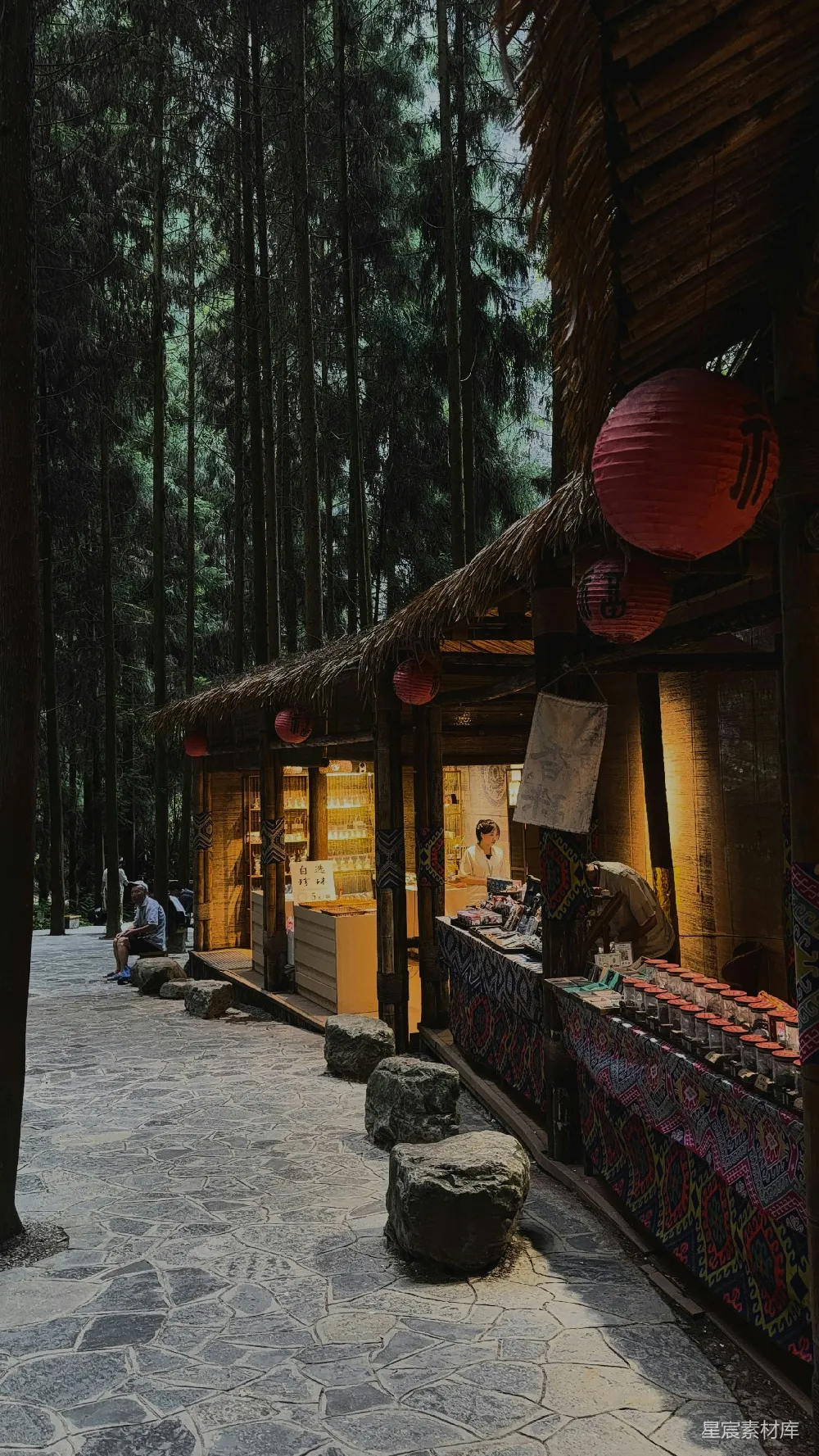 高清摄影  在黑暗的森林中，有一家乡村风格的商店，挂着红色的灯笼。