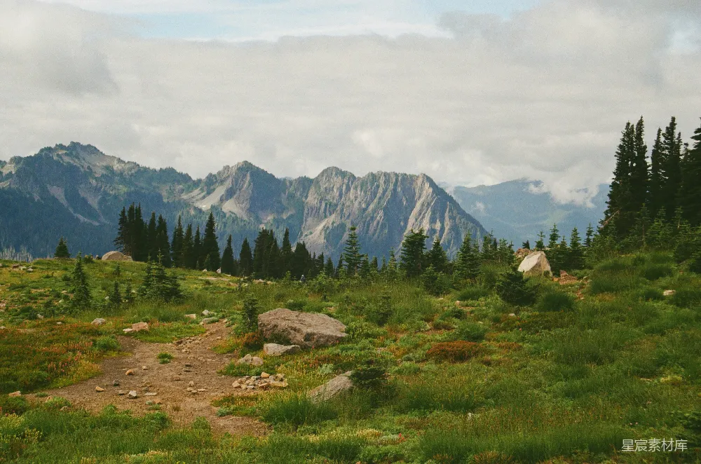 高清摄影  山地景观，有树木和帐篷。
