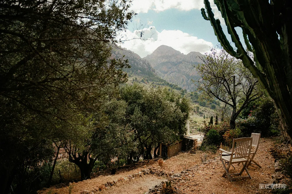 高清摄影  风景如画的山景，有树木和椅子。