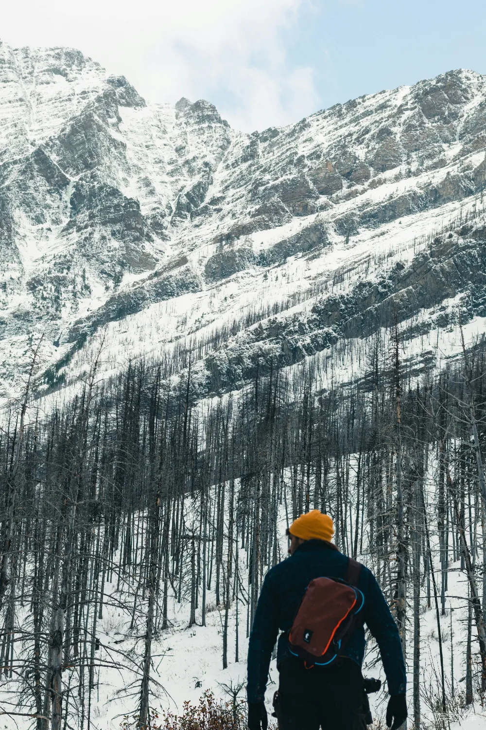 高清摄影  一个背着背包的男人站在雪地里