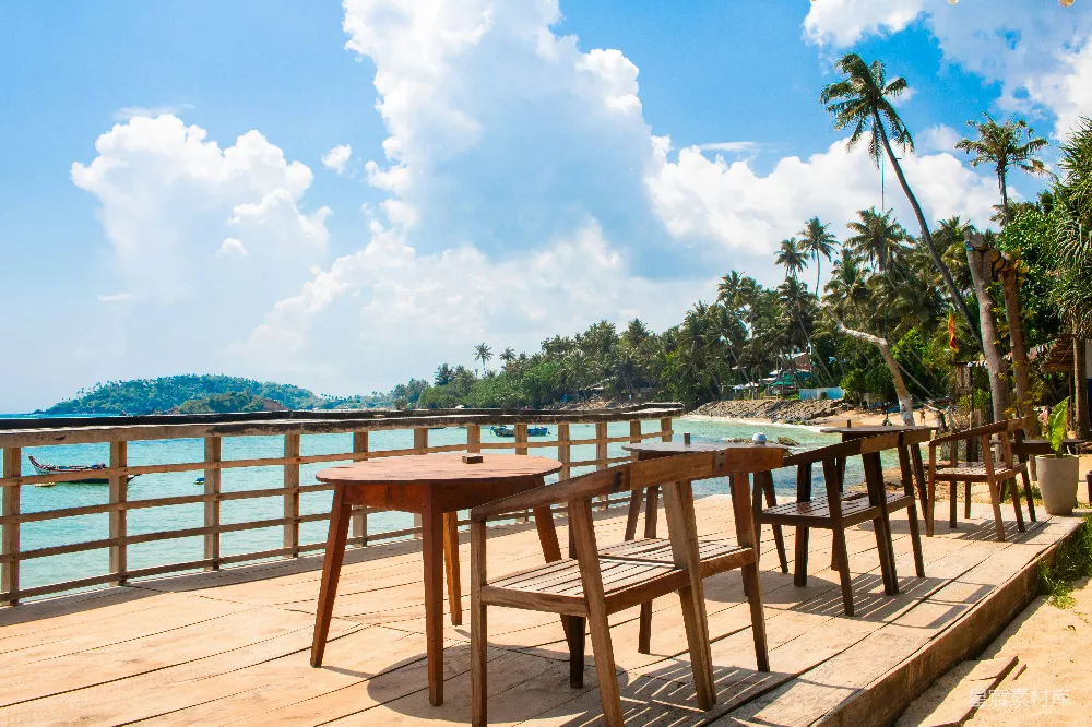 高清摄影  室外用餐区，带有海景和棕榈树。